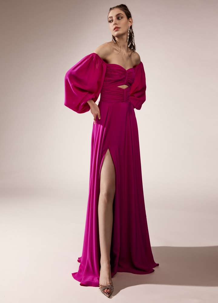 strapless open back dress Alexa Magenta Pink Asymmetric Long Sleeve Dress main image 1