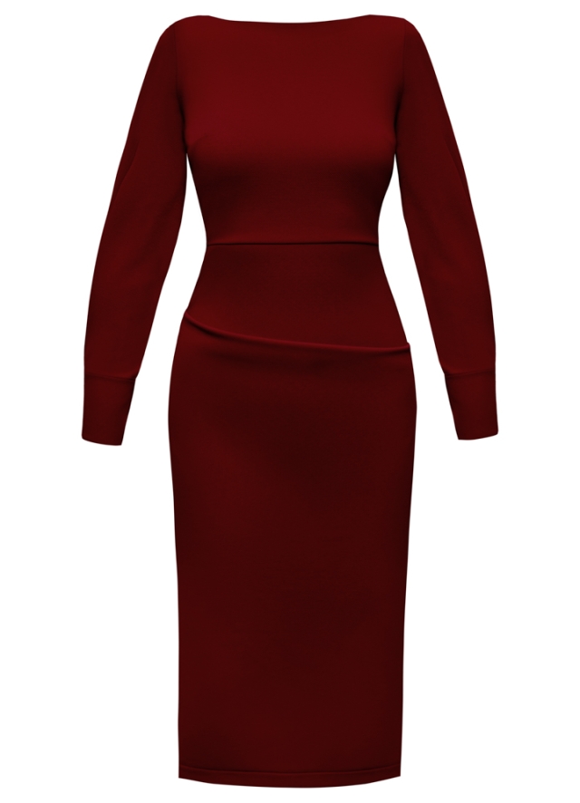 Rochie midi grena din tricot cu maneci lungi si drapaje pe fusta  Cassis