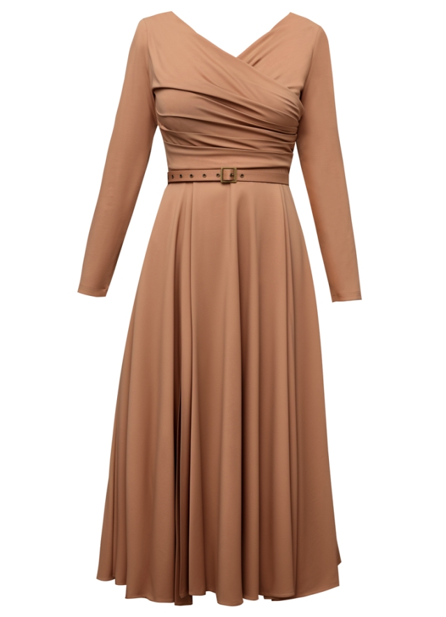 Rochie midi crem evazata din lyocell  cu maneci lungi si decolteu in V Sunday