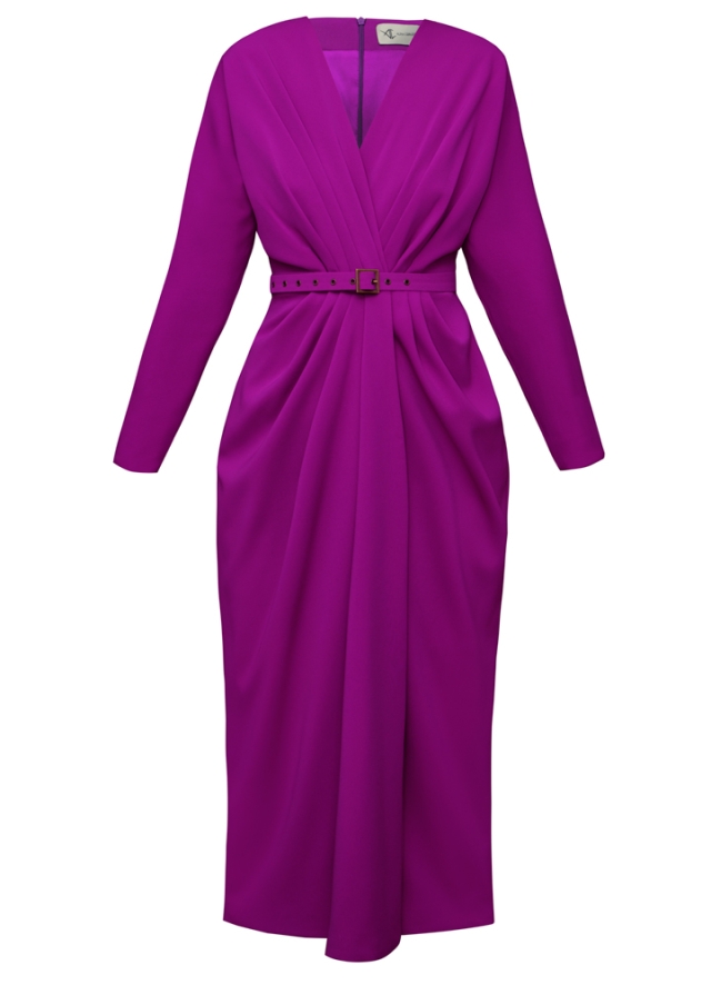 Rochie midi mov fuchsia drapata cu curea textila Amaris