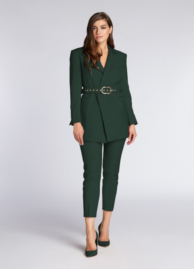 Pantaloni birou din lana verde cu croiala cambrata deaspura gleznei Luton