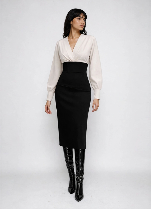 Rochie midi bej si negru cu drapaje pe bust si decolteu in V Lunaria