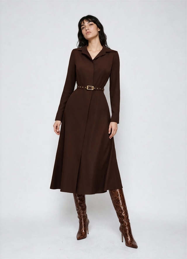 Rochie camasa maro midi din viscoza cu maneci lungi si curea textila Sylvie