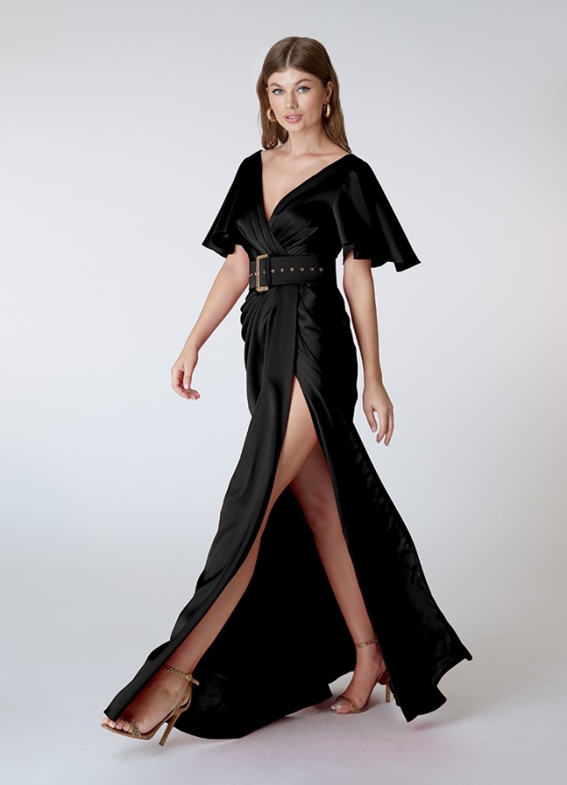 Rochie lunga de seara neagra din satin cu drapaje si maneci fluture Opera 
