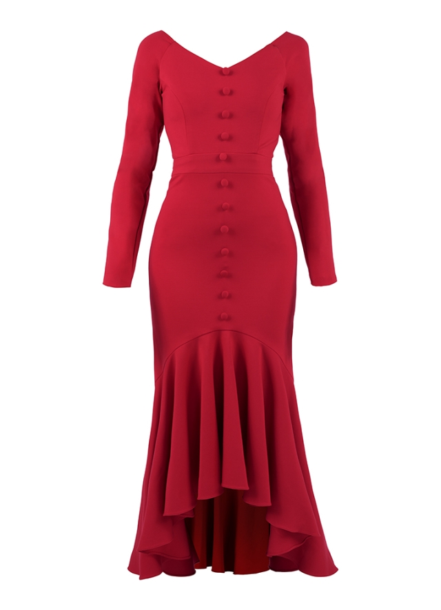 Rochie cocktail midi rosie din vascoza cu maneci lungi si fusta asimetrica cu volane Padua