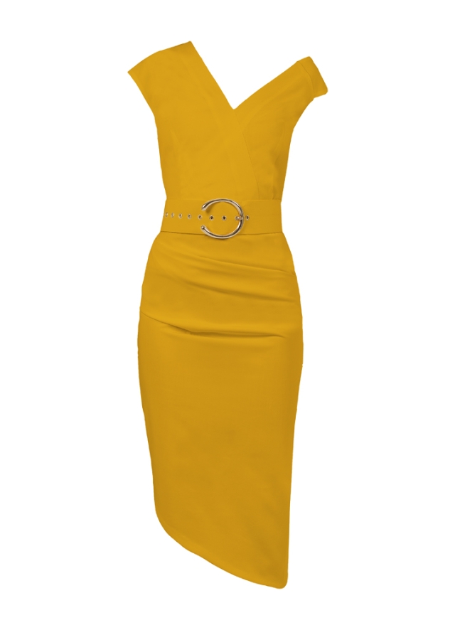 Rochie midi galbena cu decolteu asimetric si fusta cu drapaje Razz