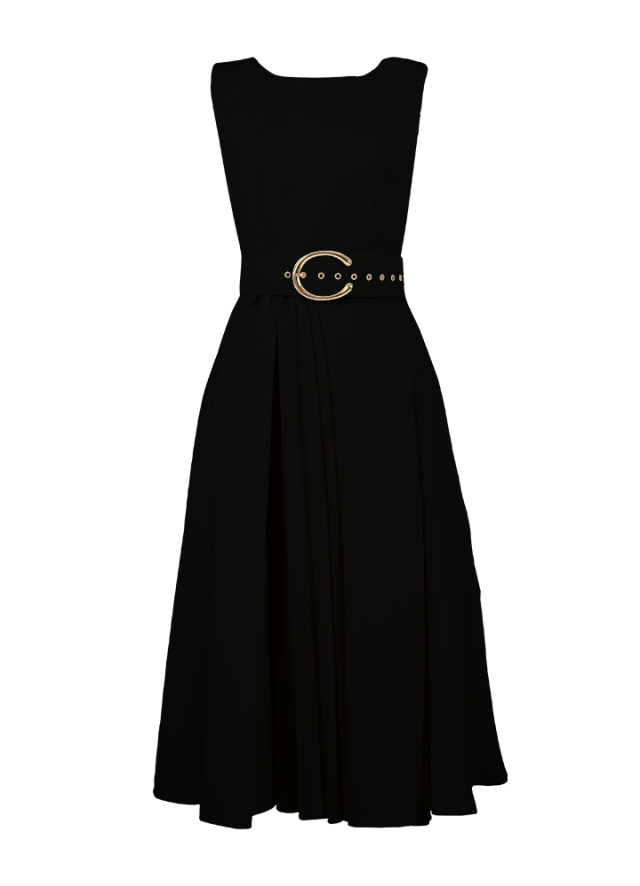 Rochie cocktail midi neagra cu buzunare si curea asortata Vienna 