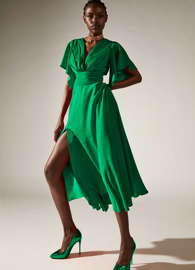 Rochie cocktail midi verde cu decolteu in V maneca scurta fluture si drapaje Acento