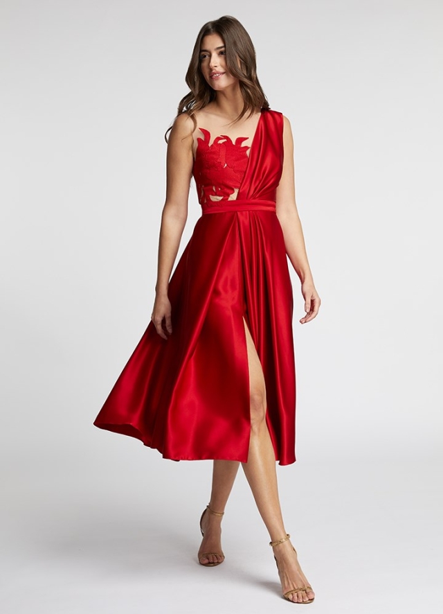 Rochie cocktail midi rosie din satin cu broderie si drapaje Artemis