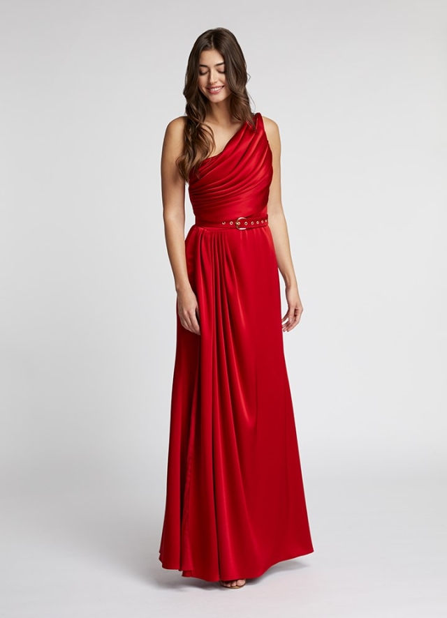 Rochie de seara lunga rosie din satin cu drapaje si curea asortata Calypso
