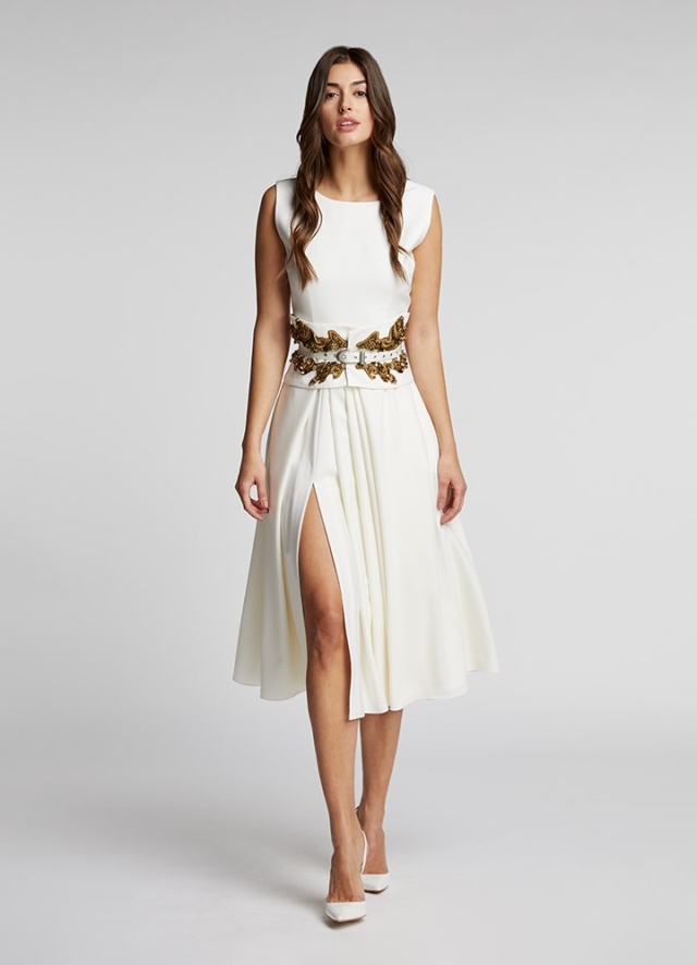 Rochie midi alba din lana cu buzunare si curea asortata Hope 
