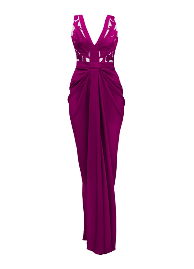 Rochie lunga magenta de seara cu fusta drapata si broderii Alegria 