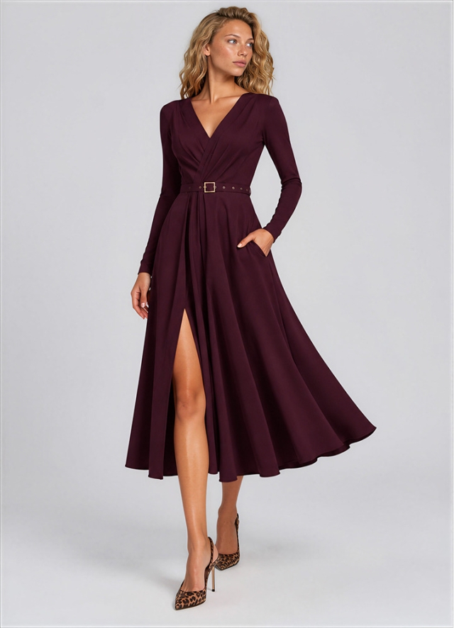 Rochie cocktail midi burgundy cu decolteu in V si drapaje Alessi