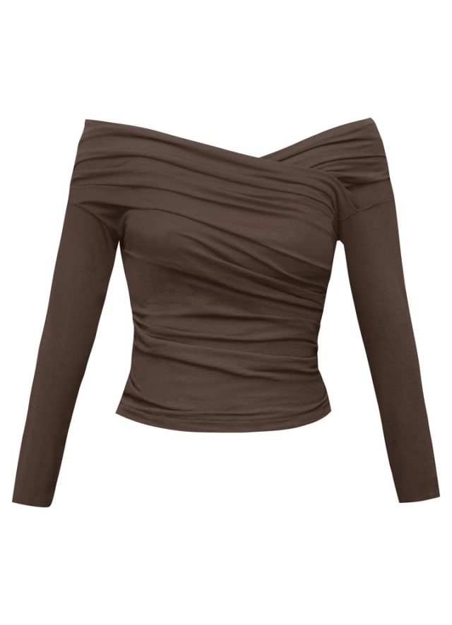 Bluza maro din lana si lyocell cu drapaje Anuska