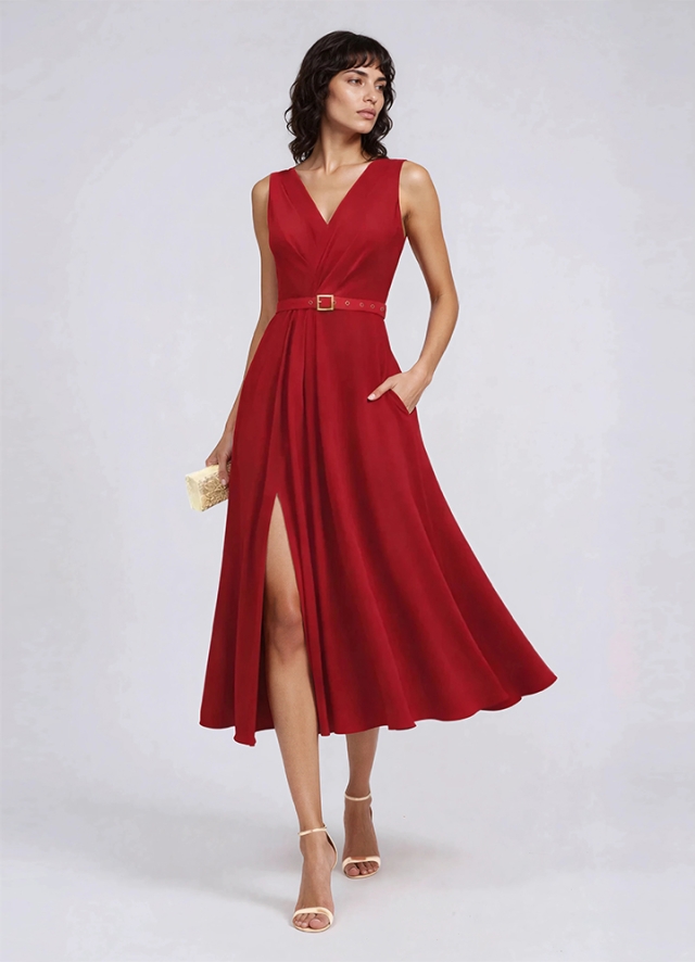 Rochie cocktail midi rosie cu decolteu in V si drapaje Amavi