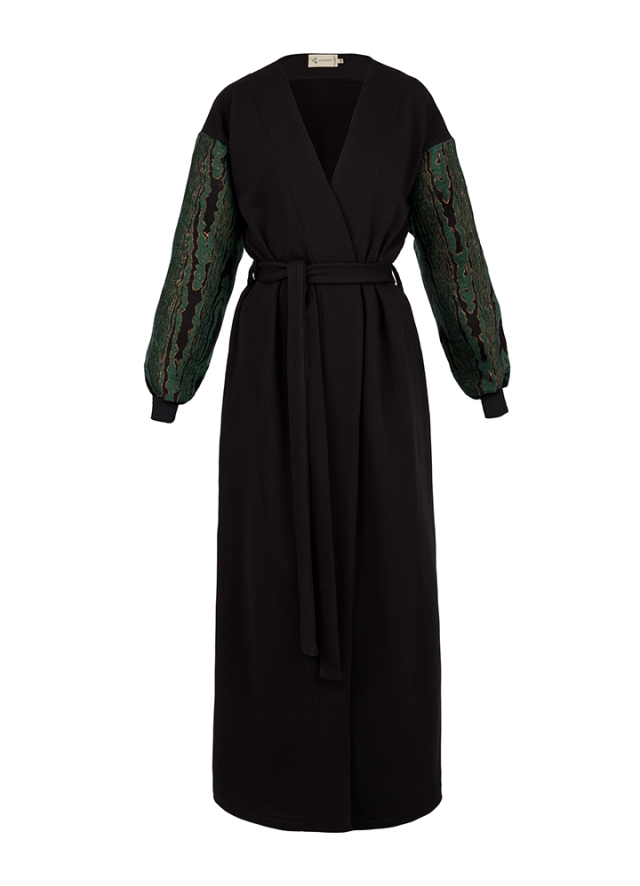 Cardigan maxi negru si verde din bumbac cu maneci din brocart si cordon Amethyst
