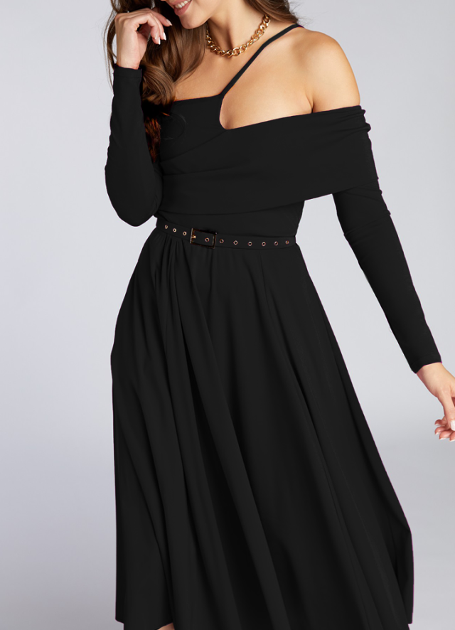 Rochie midi negru cu decolteu pe umeri si croiala evazata cu curea asortata Cinzano