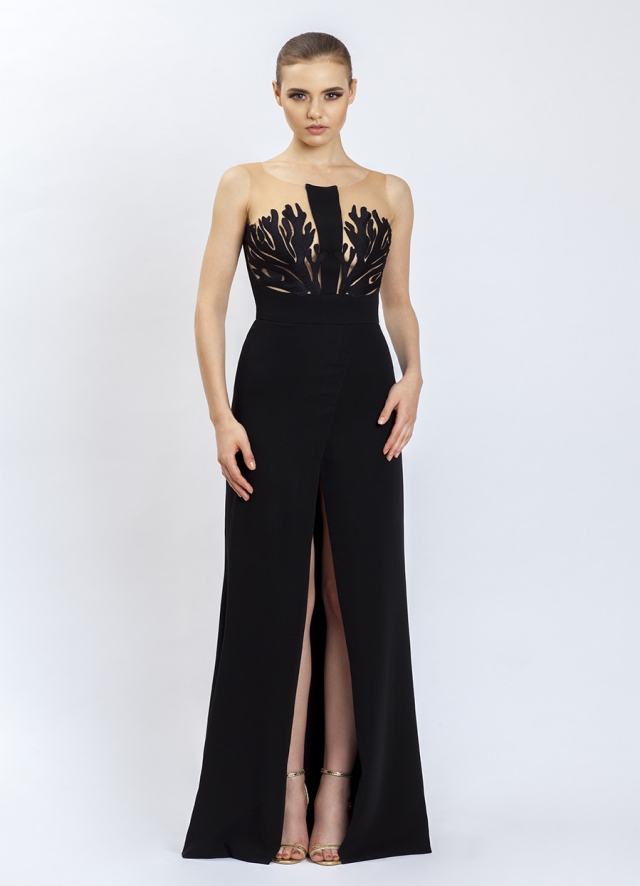 Rochie lunga de seara neagra cu broderii si slit in fata Coral 
