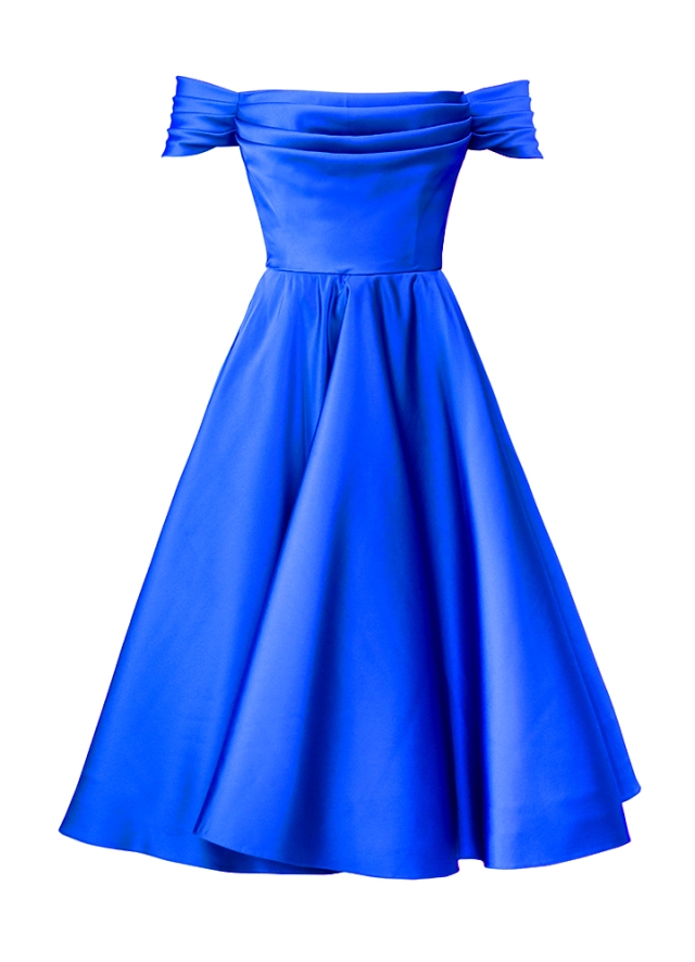 Rochie cocktail midi albastra cu drapaj si decolteu pe umeri Corsage
