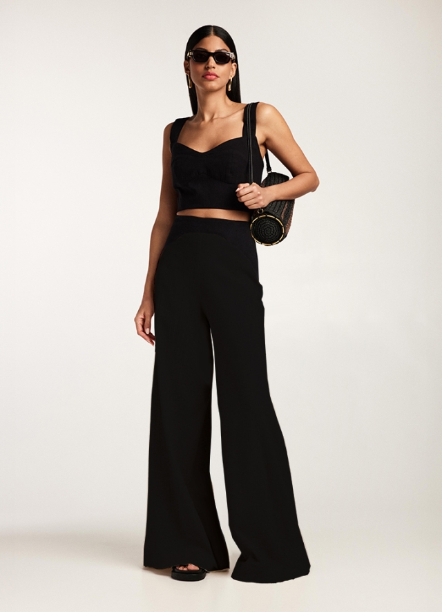 Set negru din in cu bumbac texturat format din doua piese: top corset cu bretele si pantaloni lungi cu talie inalta evazati Doha