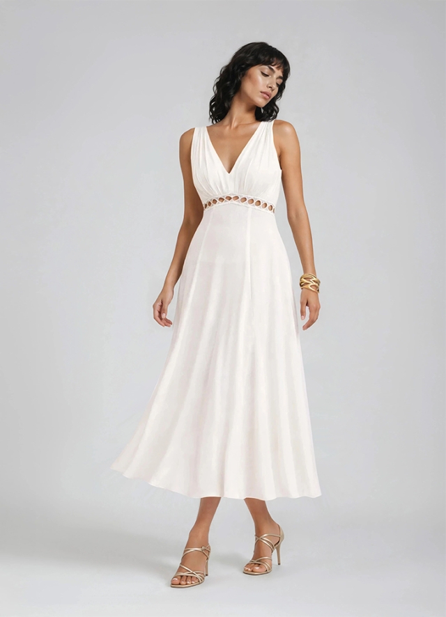 Rochie midi alba din vascoza cu decolteu in V Elio