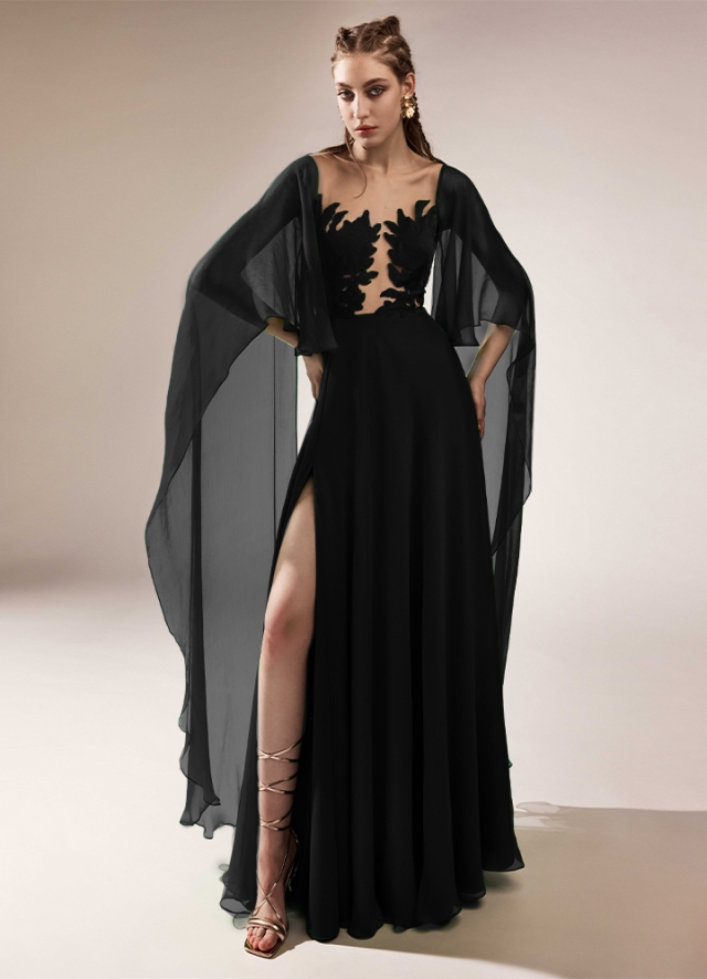 Rochie de seara lunga neagra din voal de matase naturala cu maneci ample si broderii Elvoria