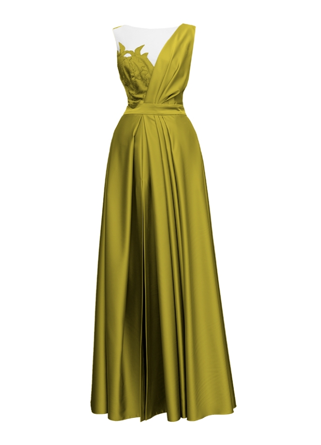 Rochie lunga de seara olive cu decolteu asimetric si drapaje Emporium