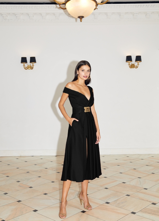 Rochie cocktail midi neagra cu buzunare si decolteu asimetric Firenze