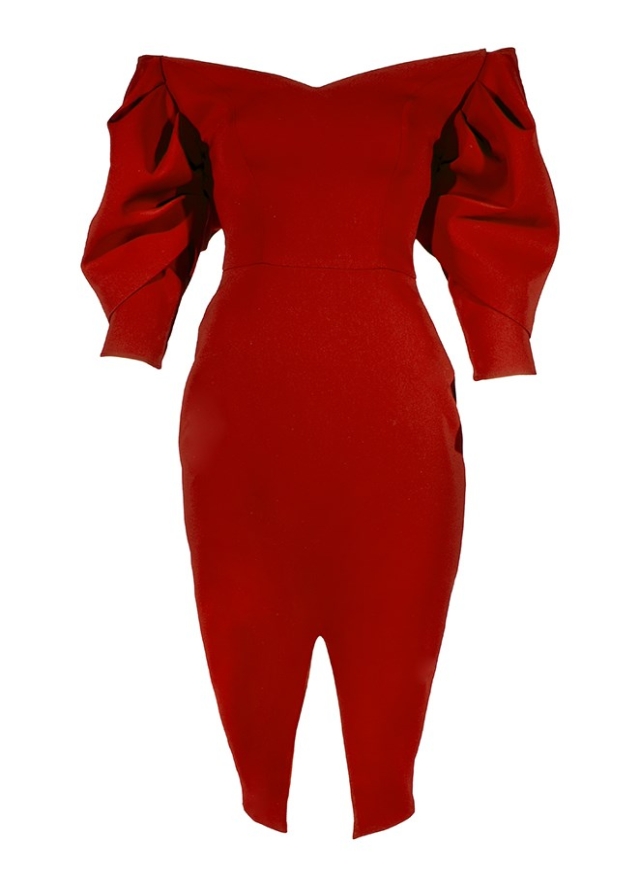 Rochie cocktail midi rosie cu decolteu pe umeri si maneci bufante Flamenco 