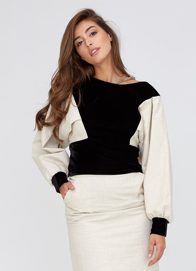 Bluza neagra cu maneci largi din bumbac si in cu drapaje Moritz