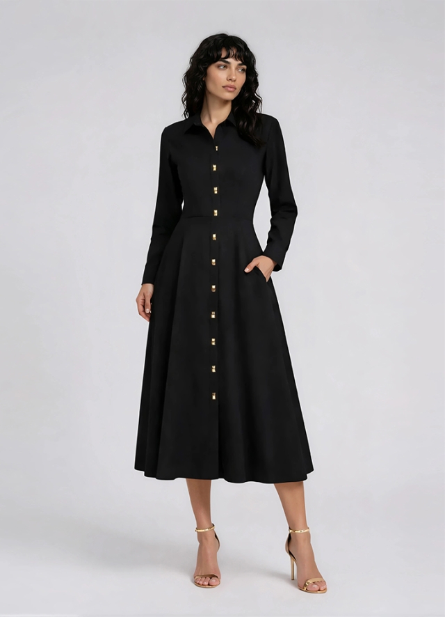 Rochie camasa midi neagra din vascoza cu fusta ampla si nasturi metalici aurii Grotto