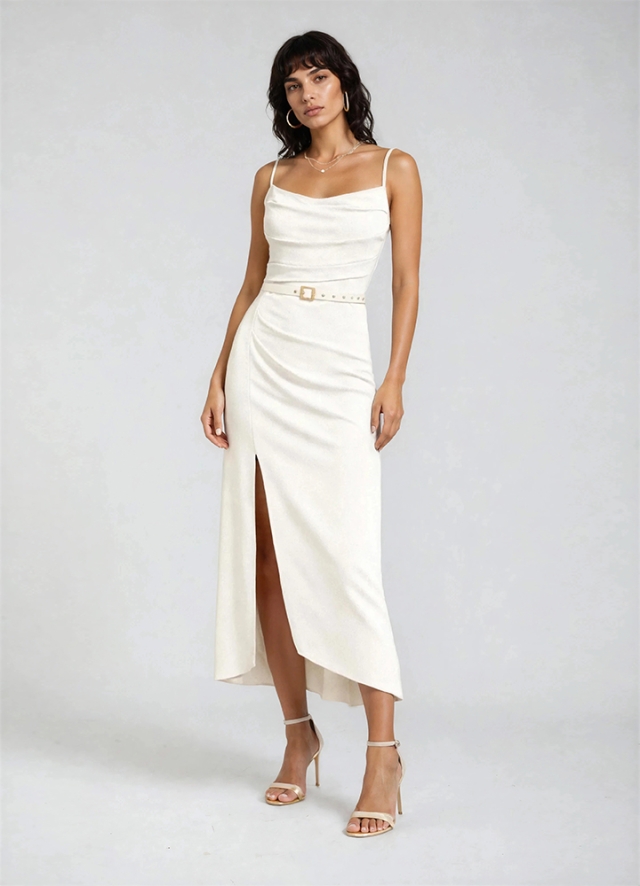 Rochie midi alba din lyocell cu drapaje si curea asortata Hecate 