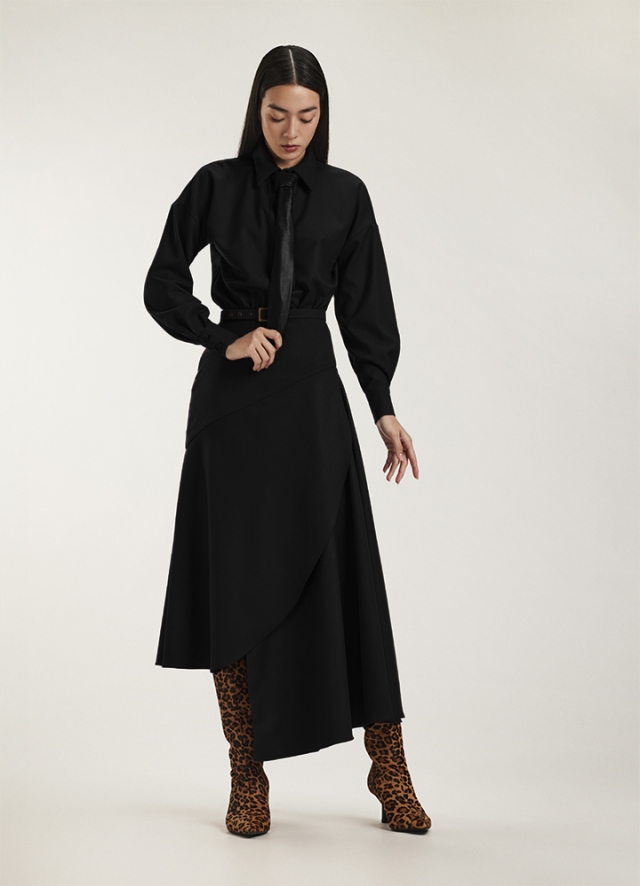 Rochie midi tip camasa neagra cu maneci lungi si fusta asimetrica Heron