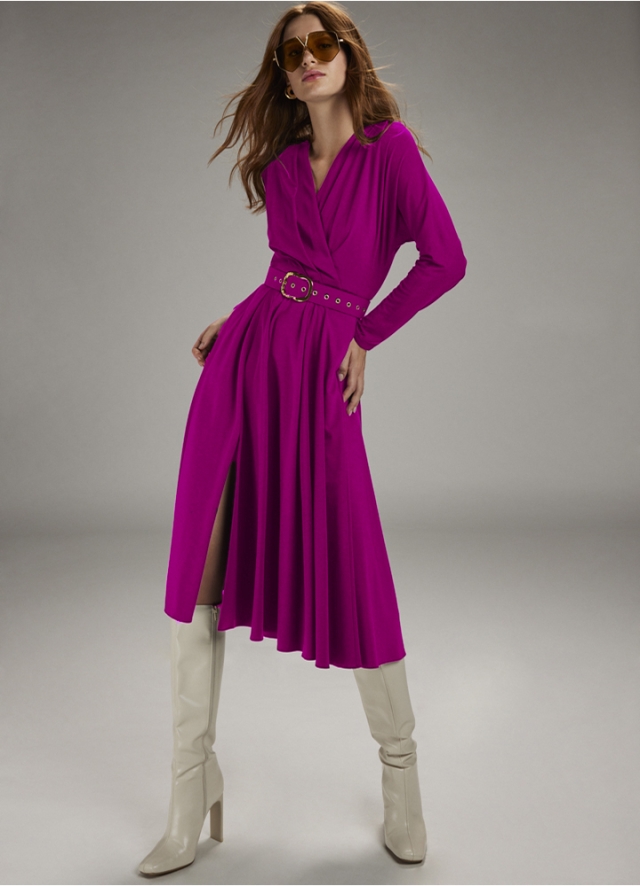 Rochie midi magenta cu decolteu in V si curea asortata Indigo