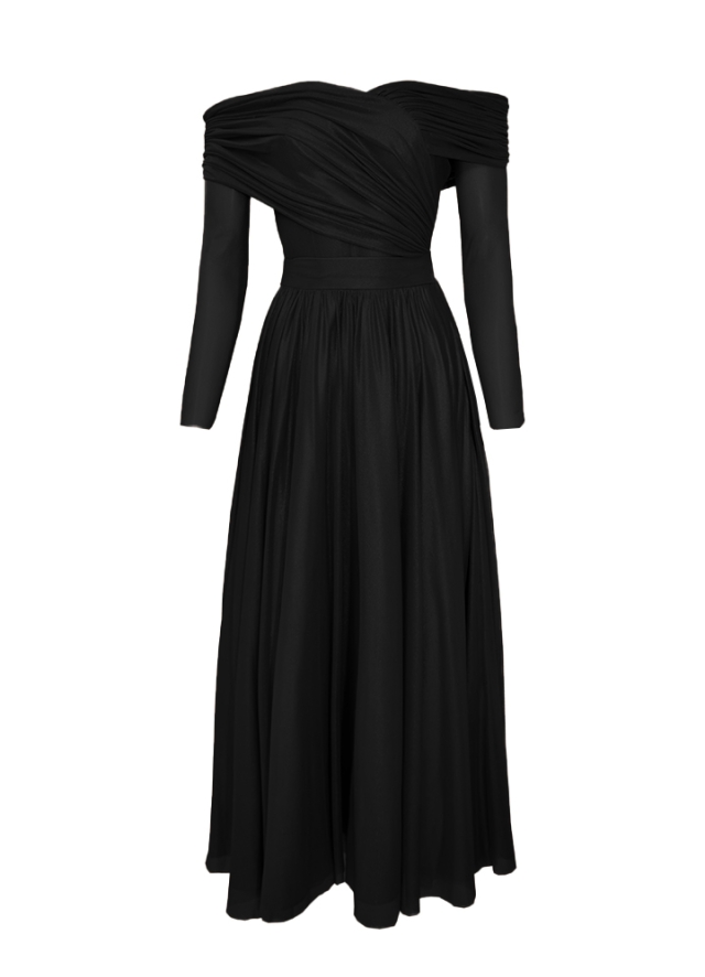 Rochie midi neagra din matase cu drapaje si decolteu pe umeri Luce