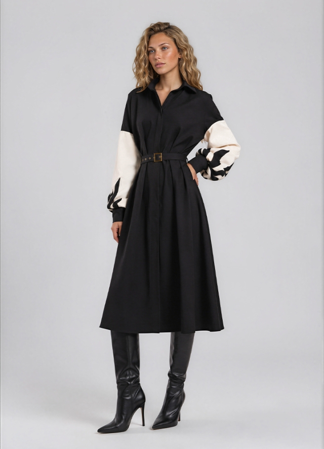 Rochie camasa midi neagra din vascoza cu maneci lungi din in cu broderie Zelia