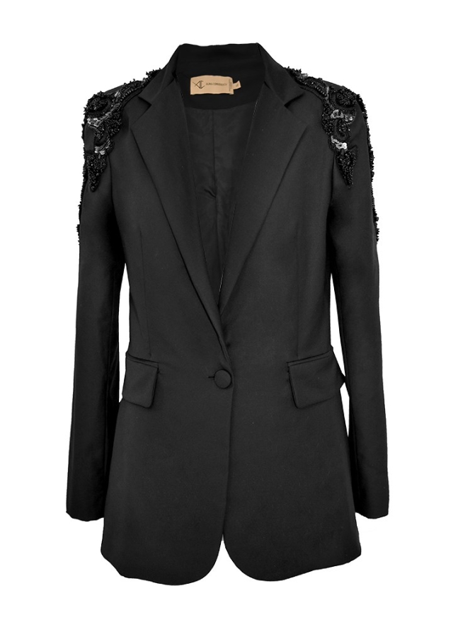 Sacou cocktail negru din lana cu broderii Borgia