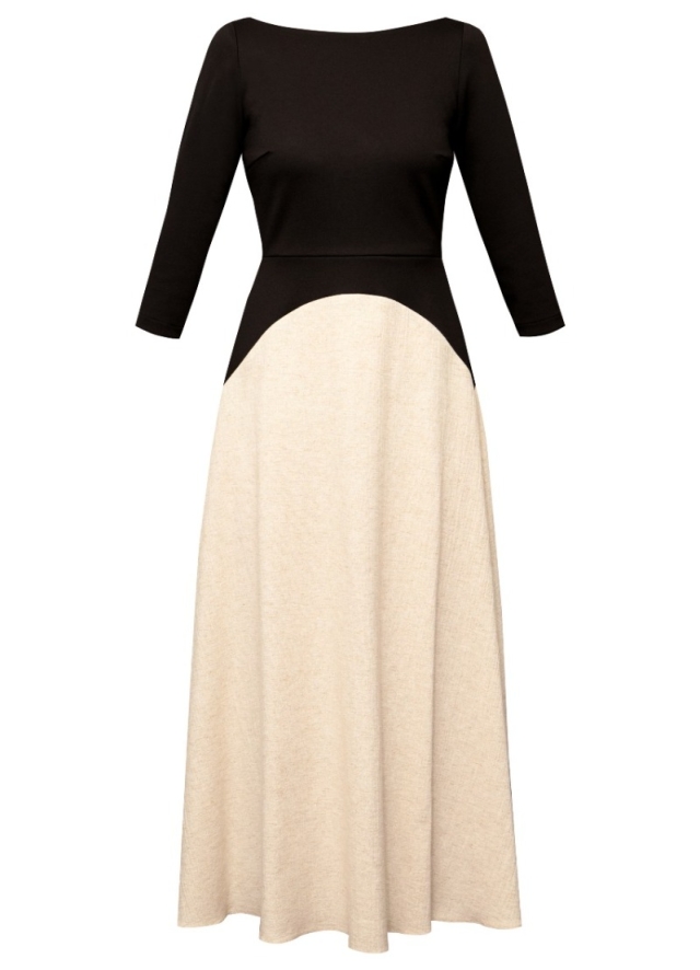 Rochie midi bej si negru din bumbac si in texturat Nerisa