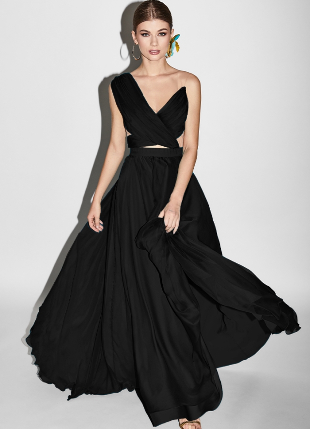 Rochie lunga de seara neagra din voal de matase cu decolteu asimetric si broderii Ocean