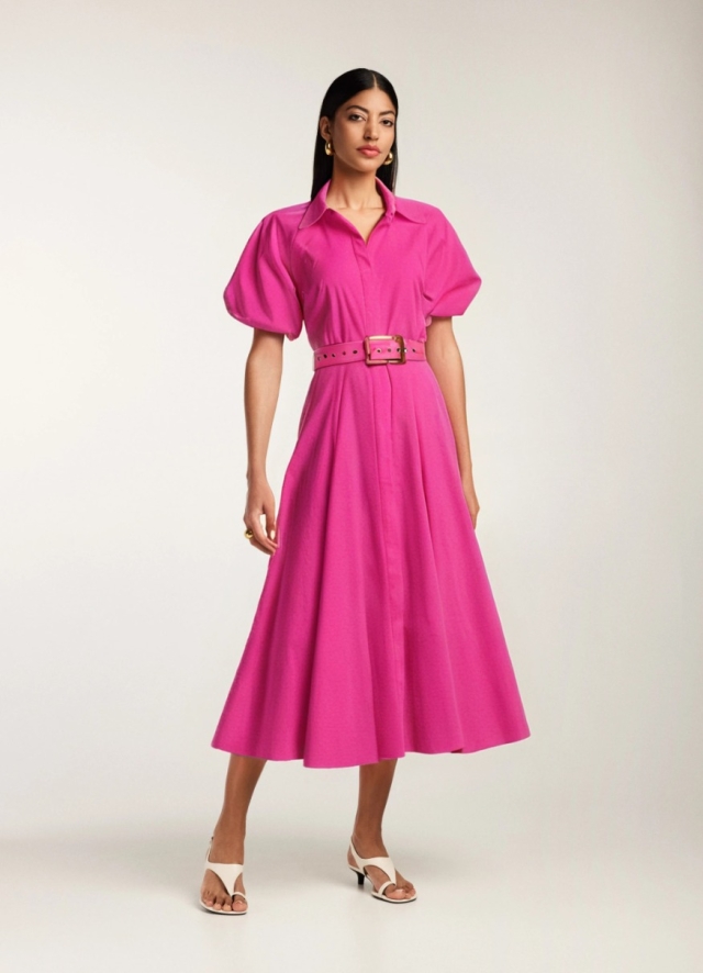 Rochie midi roz din bumbac tip camasa cu  maneci scurte bufante si curea textila Oman 