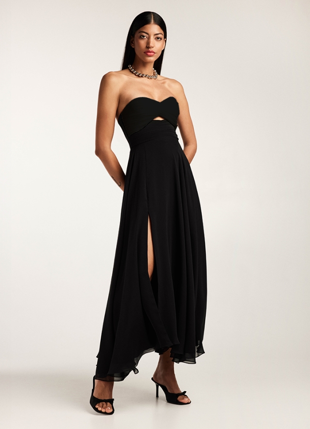Rochie neagra midi din voal de matase naturala cu bustiera si fusta cu slit pe picior Otranto