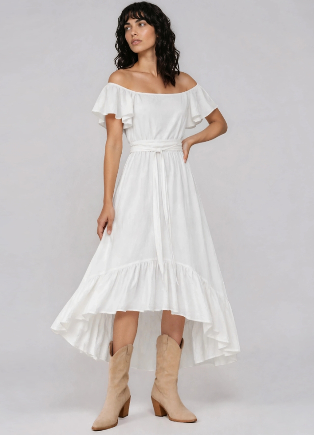 Rochie midi alba din panza topita bumbac cu decolteu pe umeri si fusta cu volan Palermo