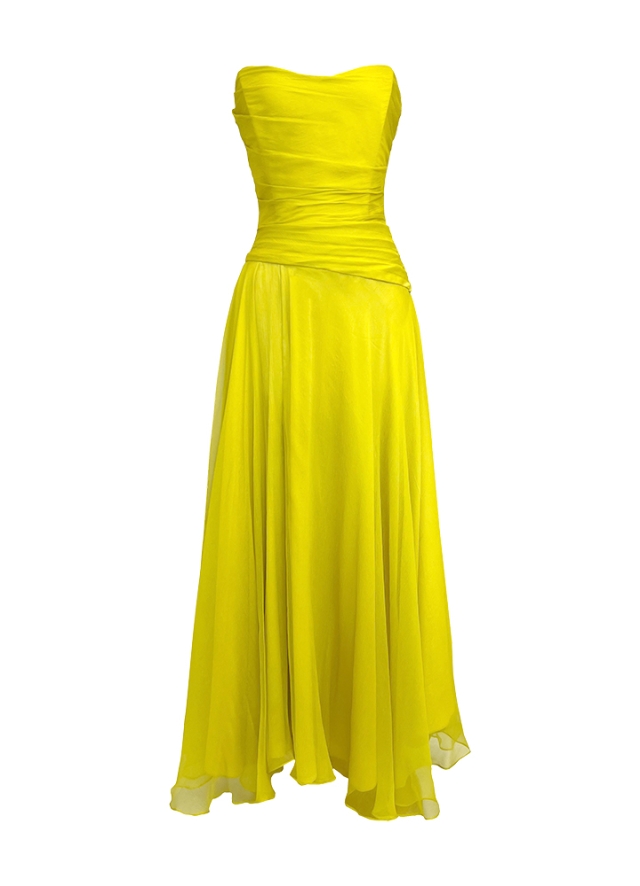 Rochie cocktail midi galbena din voal de matase cu drapaje si corset Pixie 