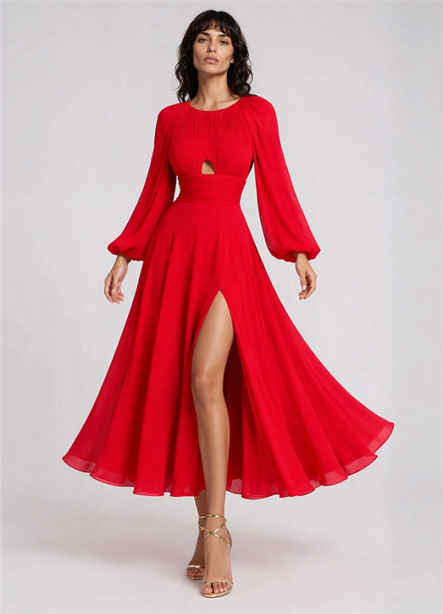 Rochie de seara rosie din matase cu drapaje si decupaje Kairi