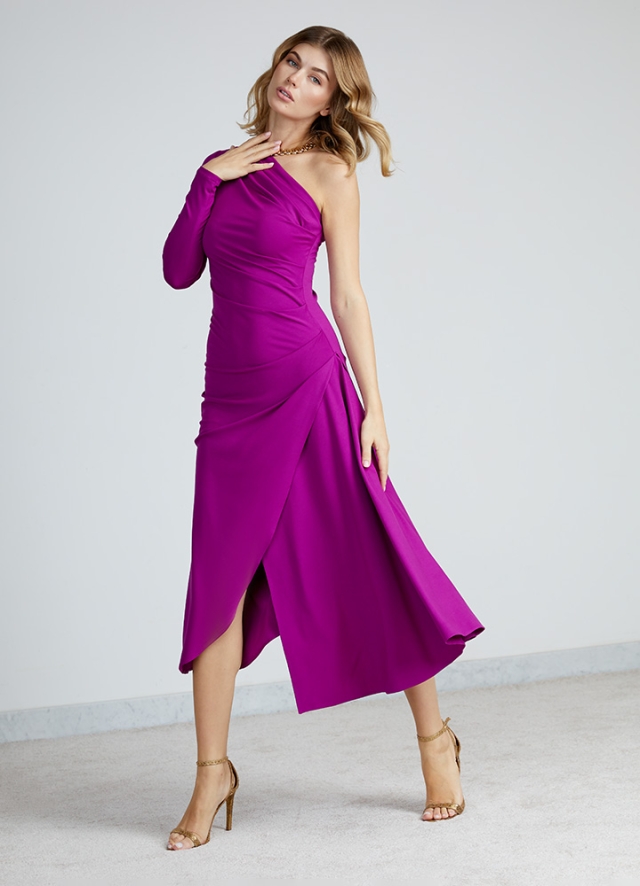 Rochie cocktail midi magenta asimetrica cu drapaje pe umar Cannes 