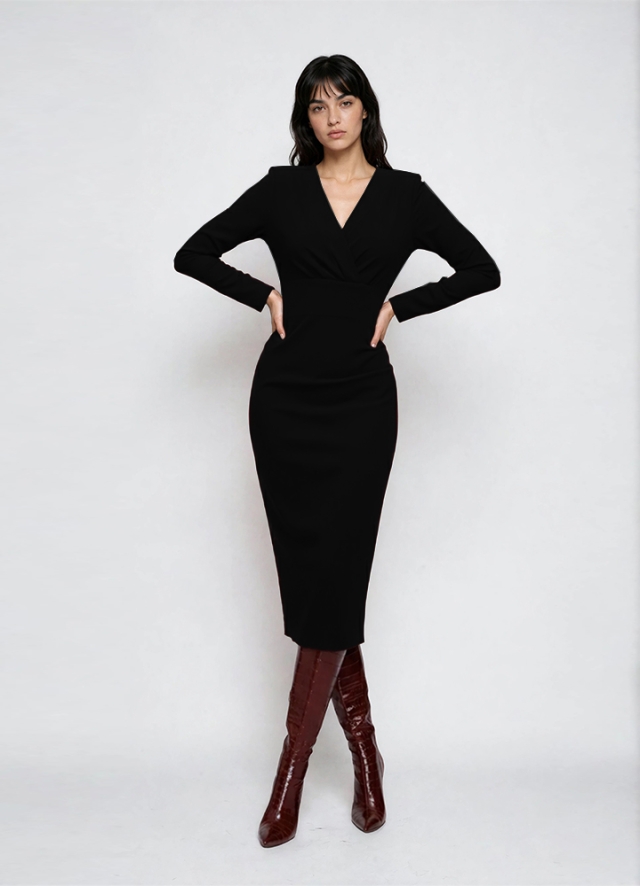 Rochie midi neagra din tricot maneci lungi si decolteu in V Selin