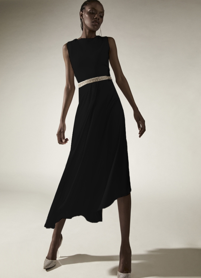 Rochie de seara midi neagra din lana si matase baza gatului si spate decupat Sirona