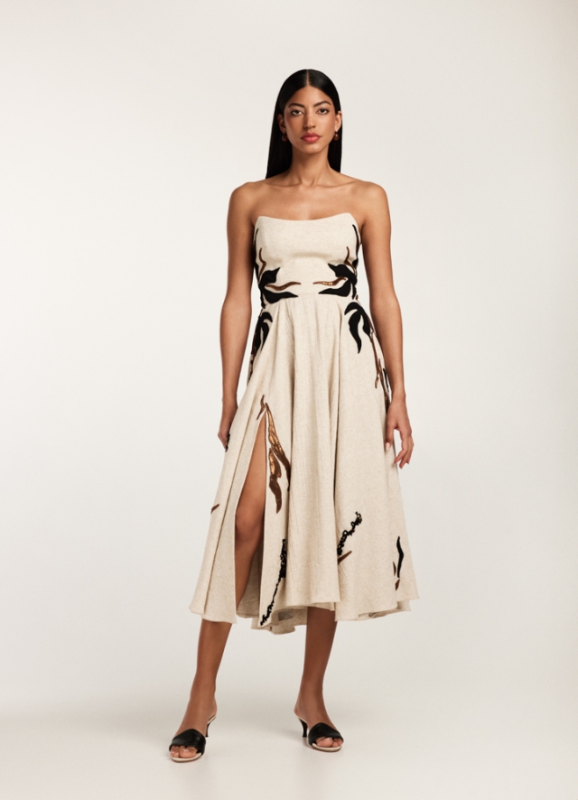 Rochie crem midi din in si bumbac texturat cu corset reglabil si broderii multicolore Kalahari