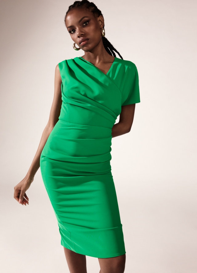 Rochie midi conica verde cu decolteu asimetric si drapaje Chance 