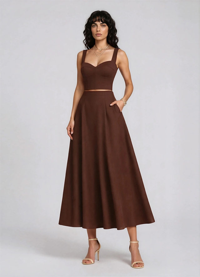 Set maro din aceeasi tesatura format din corset cu bretele si fusta midi Idalia